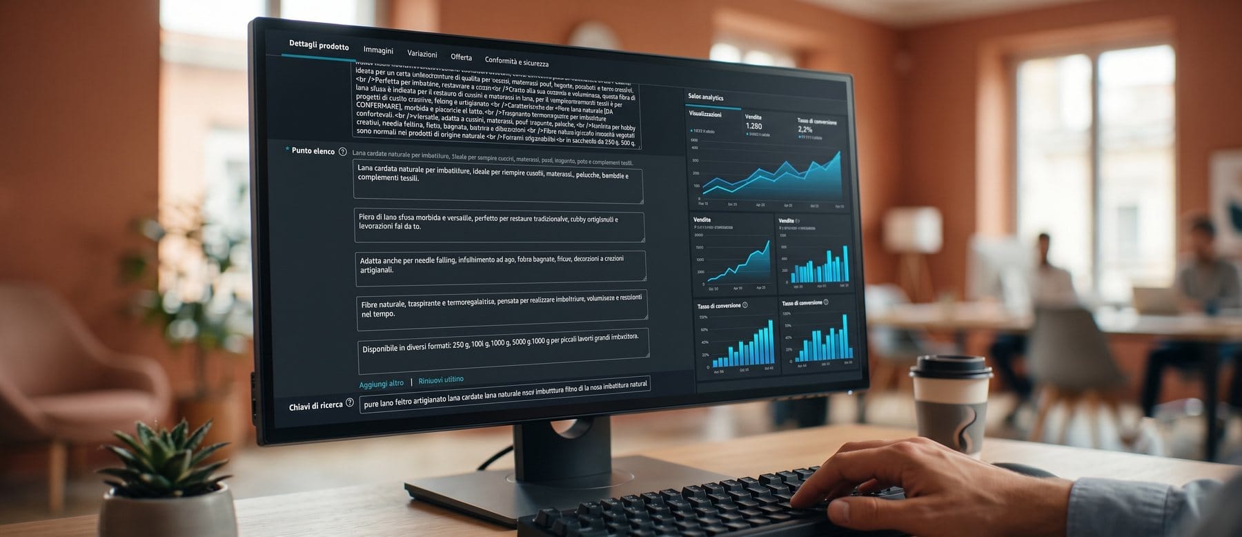 Monitor showing a completed product page and an analytics panel with sales and conversion rate rising