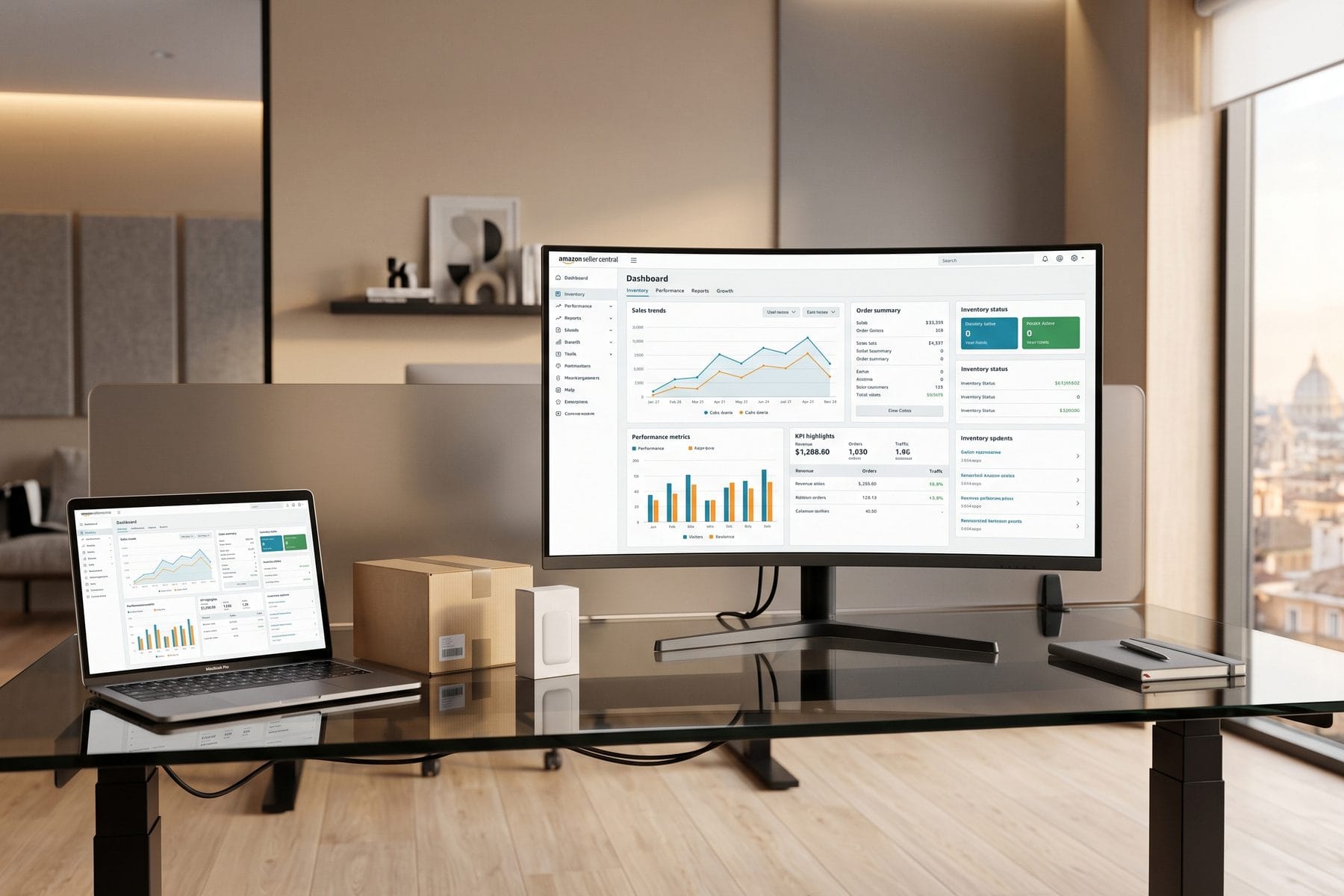 Amazon and marketplace services for Seller and Vendor 7 Marche Web Marketing account manager reviewing an Amazon sales dashboard